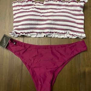 Maroon and white striped bikini